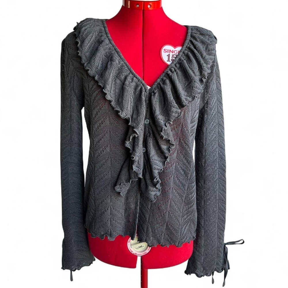 LOFT grey ruffle v neck lightweight cardigan size medium whimsygoth